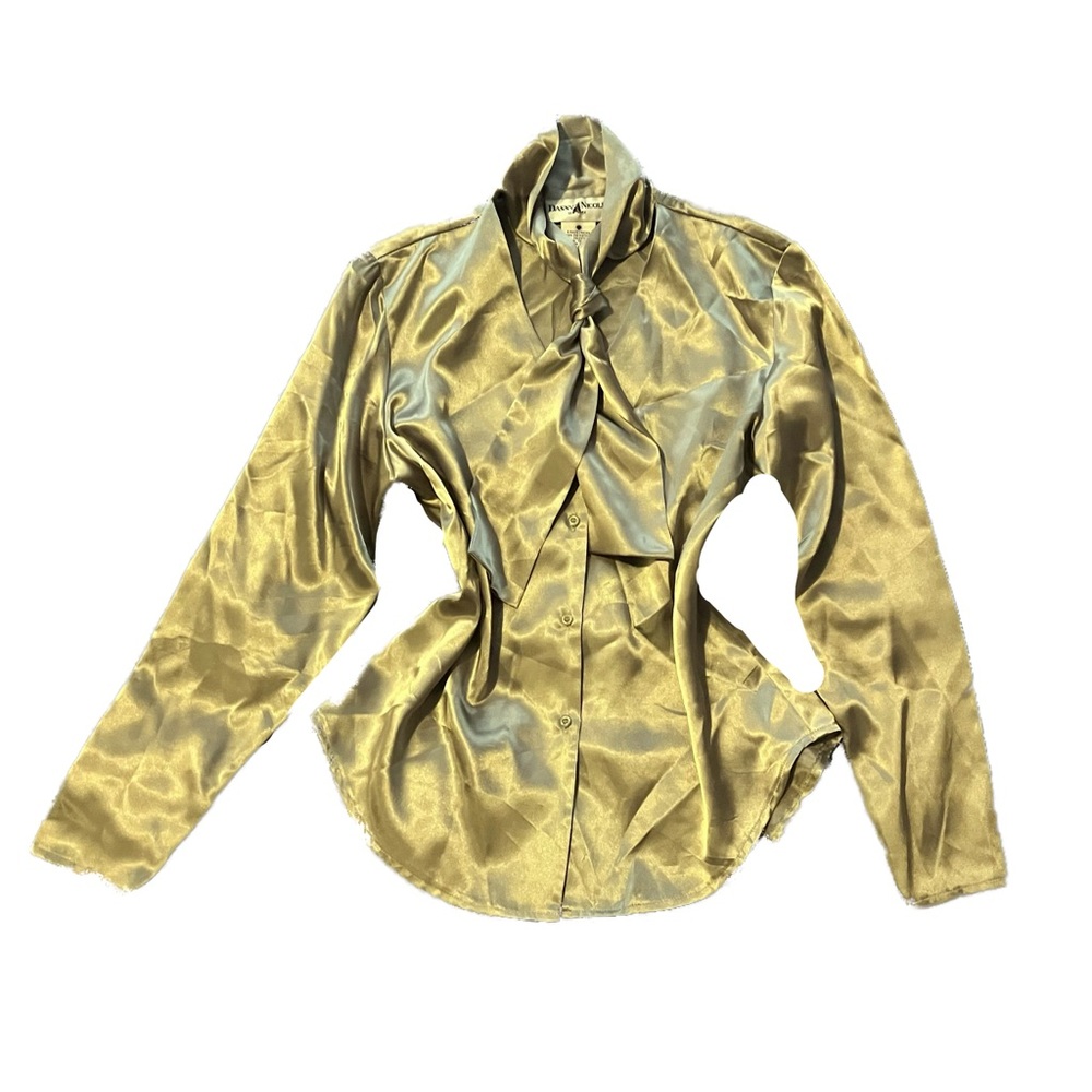 Vintage Early 2000s satin green blouse with neck tie
